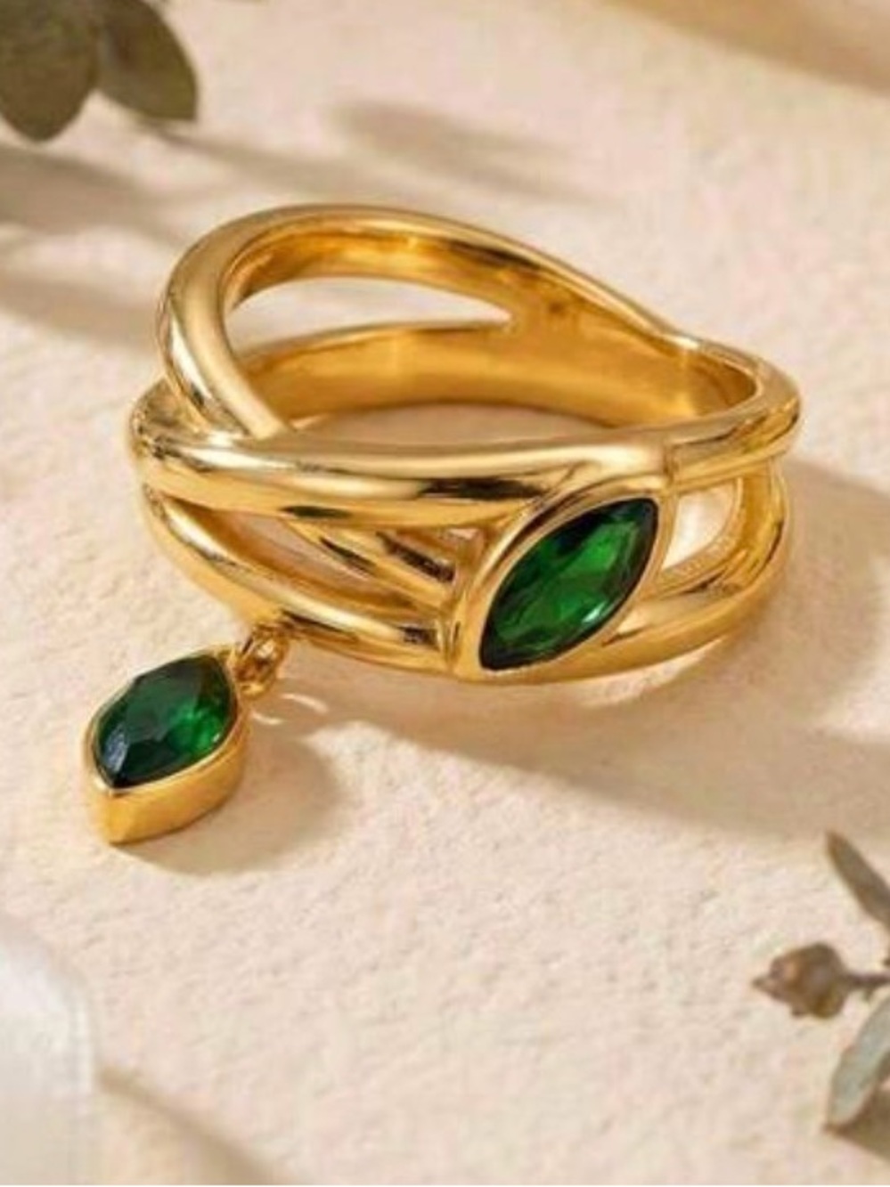 18k Gold Plated Wrap Ring with Emerald Green Marquise CZ Stones